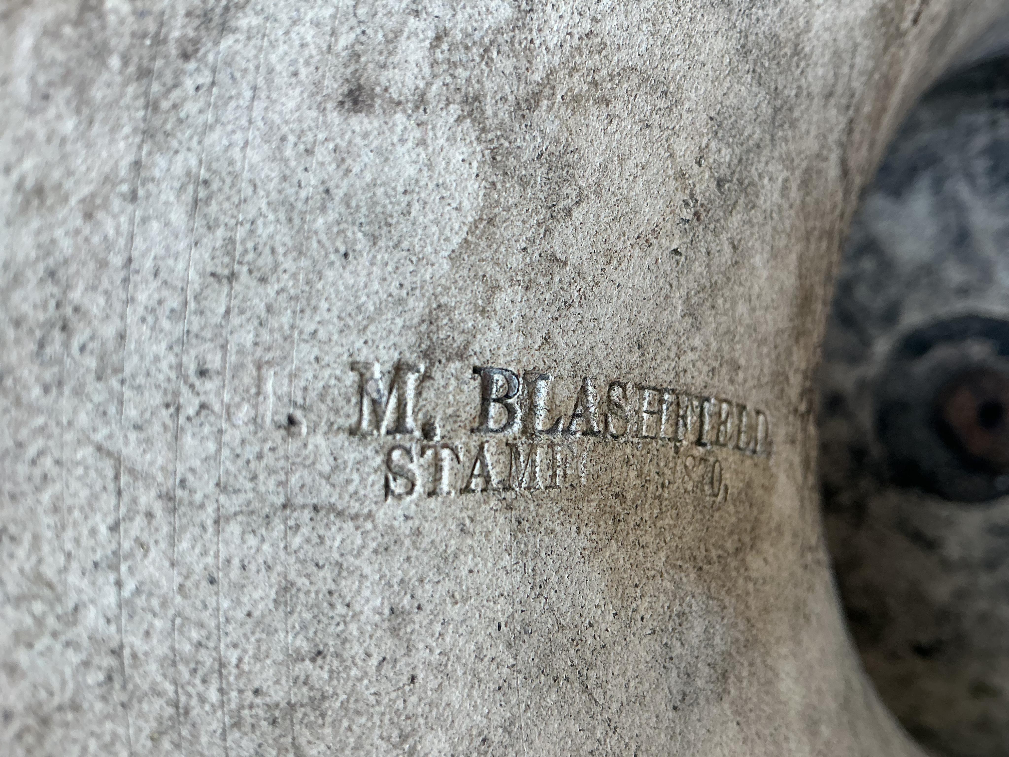 A Victorian Blashfield buff terracotta campana shaped garden urn, stamped ‘Blashfield, Stamford 1870’, diameter 46cm, height 56cm